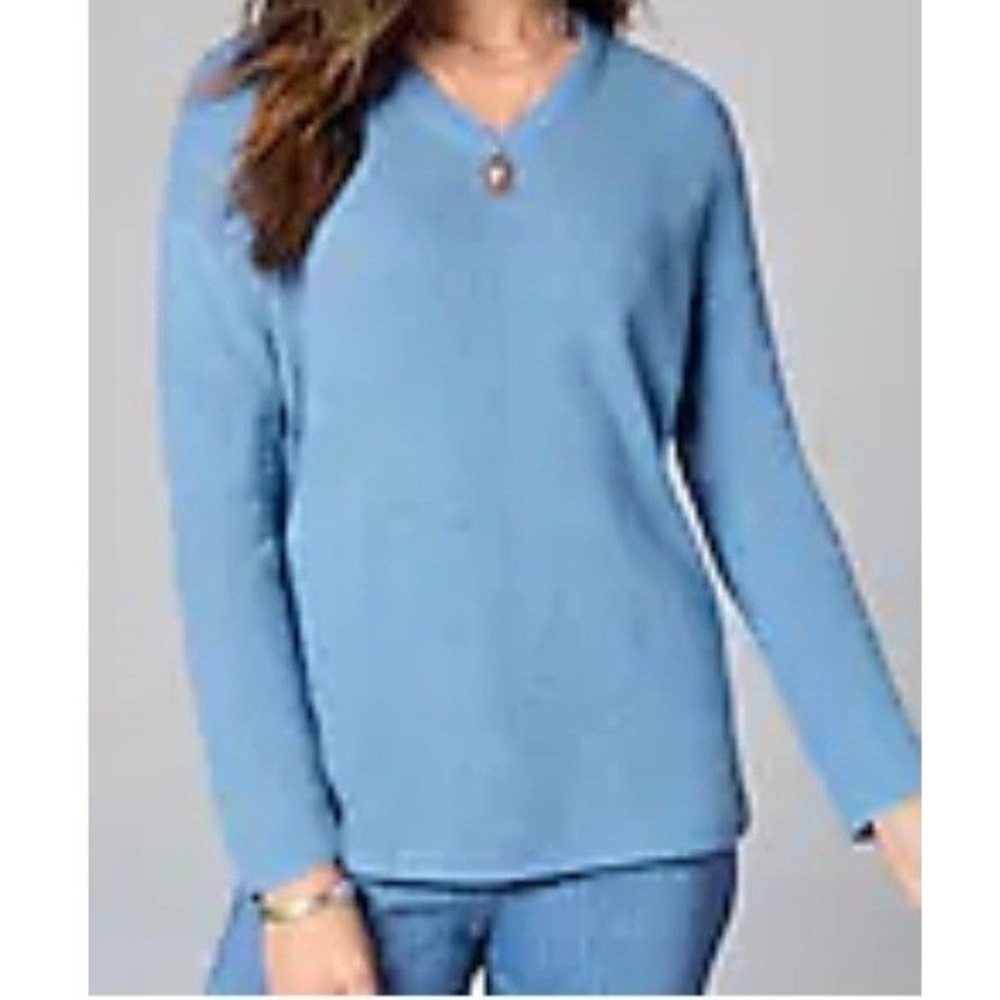J Jill Blue Waffle Texture Vneck Chunky Knit Sweater Sz L‎ Beach Cozy